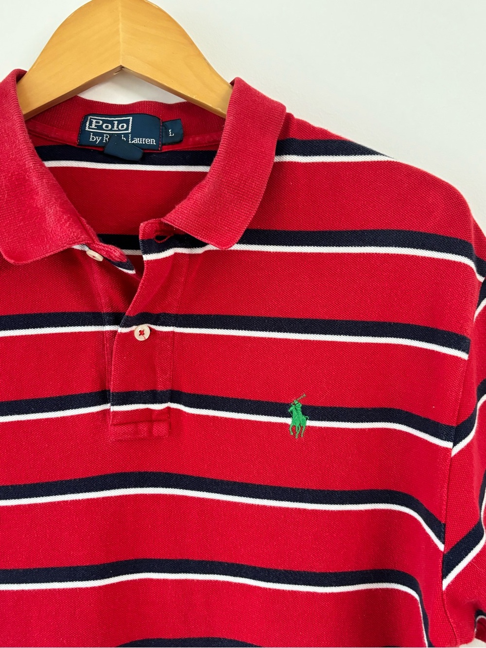 Polo Ralph Lauren L Red Navy Striped Polo Shirt Green Pony 100% Cotton
